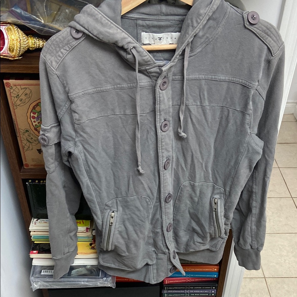 Y2K Five Four Gray Button-Up Hoodie with Zippered Pockets